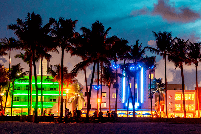 Street in Miami Florida lit up at night