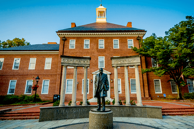 Thurgood Marshall statue in front of a Maryland court house