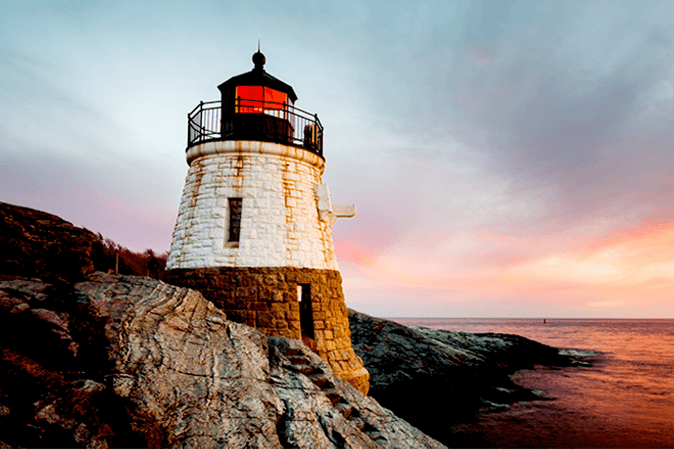 Lighthouse on the coastline in Newport, Rhode Island