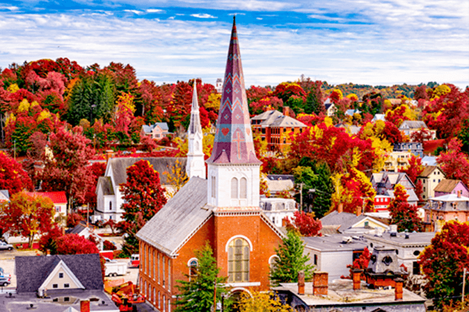 Fall foliage view of the town of Montpelier Vermont