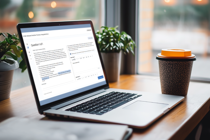 Laptop sitting on a table near a window with a question showing on the screen