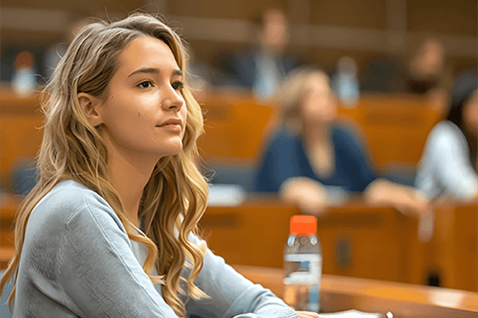 Young woman sitting at a table in a court room