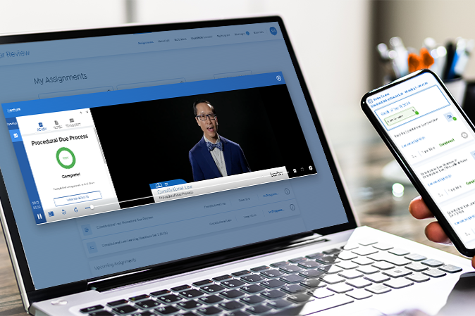 Laptop and mobile screens showing BARBRI Bar Review in action